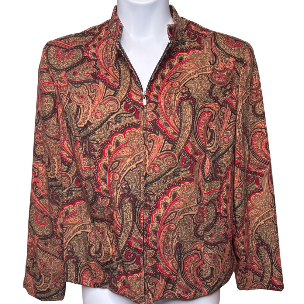 JM COLLECTION Red Paisley Zip Front Jacket Sz 16 Boho-Chic Career Autumn Stretch